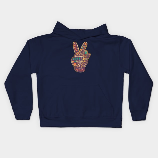 Golden Free Love Vintage Mystic Icon Peace Hand Sign Kids Hoodie by LittleBunnySunshine